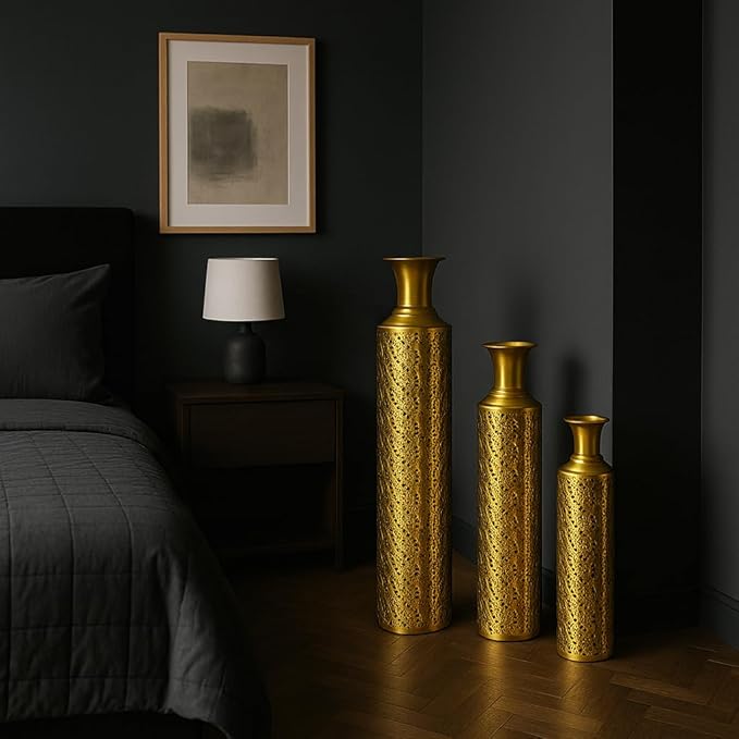 Leewadee Set of 3 Large Floor Vases – Decorative Tall Metal Vases in Gold (30/24/20 inches) – Elegant Home Decor for Stylish Interiors