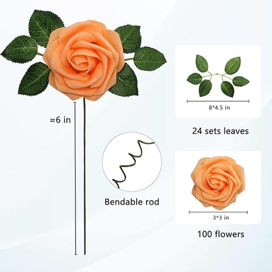 JOYLEX Artificial Flowers Realistic Roses, Orange Real Looking Fake Roses with Stem for DIY Wedding Bouquets Centerpieces Bridal Shower Party Home Romantic Decorations (Orange, 100pcs)