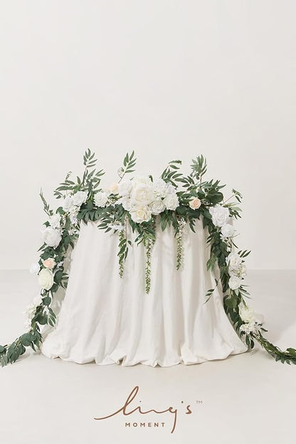 Ling's moment 9FT Spring Flower Garland for Backdrop Decorations - Wedding Arch Flowers, Eucalyptus & Rose, Artificial Floral Garland for Mantel - Sweetheart Table Decor for Reception, White & Sage
