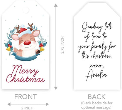Andaz Press Christmas Holiday Season Classic Gift Tags, Merry Christmas to from Classic Favor Tags, Happy Reindeer with Santa Hat Design, for Holiday Events, Parties, and Favors, 60-Pack