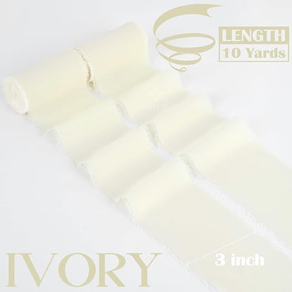 MEEDEE Ivory Chiffon Ribbon 3 Inch Frayed Ribbon Cream Chiffon Silk Ribbons Frayed Edge Wide Chiffon Ribbons for Crafts, Flower Bouquet, Wedding Favors Wrapping (2 Rolls 10 Yards)