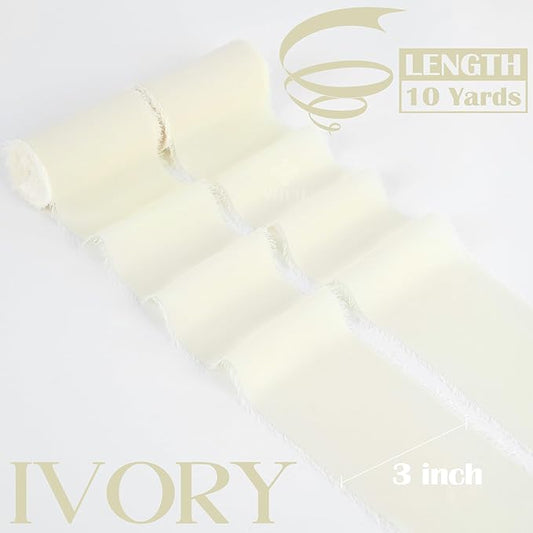 MEEDEE Ivory Chiffon Ribbon 3 Inch Frayed Ribbon Cream Chiffon Silk Ribbons Frayed Edge Wide Chiffon Ribbons for Crafts, Flower Bouquet, Wedding Favors Wrapping (2 Rolls 10 Yards)