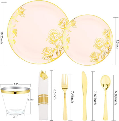 DaYammi 210Pcs Pink Gold Plastic Plates Floral Plates,Pink Disposable Dinnerware Set Includes 60 pink Plate,30 gold Plastic Silverware,30 Per Rolled Napkins,30 plastic Cups,Christmas plates for Party