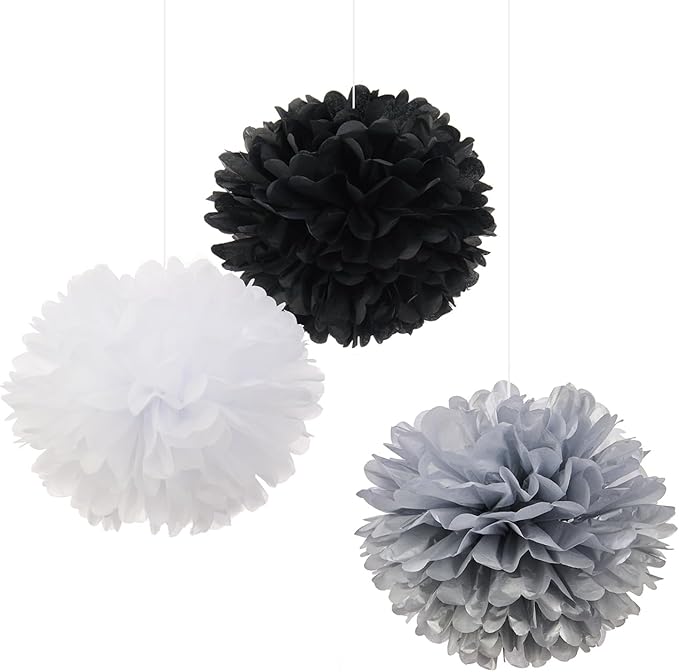 WEVEN Tissue Pom Poms Tissue Paper Flowers Tissue Fluff Balls Party Decorations 12-Inch Pack of 12 (Black, White, Silver)