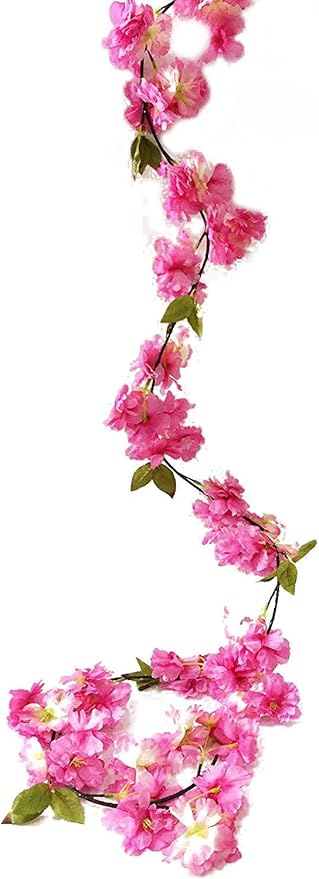 Artificial Cherry Blossom Vine Hanging Plants Faux Sakura Garland Fake Oriental Cherry Wreath Artificial Flower 5.8 FT Deep Pink