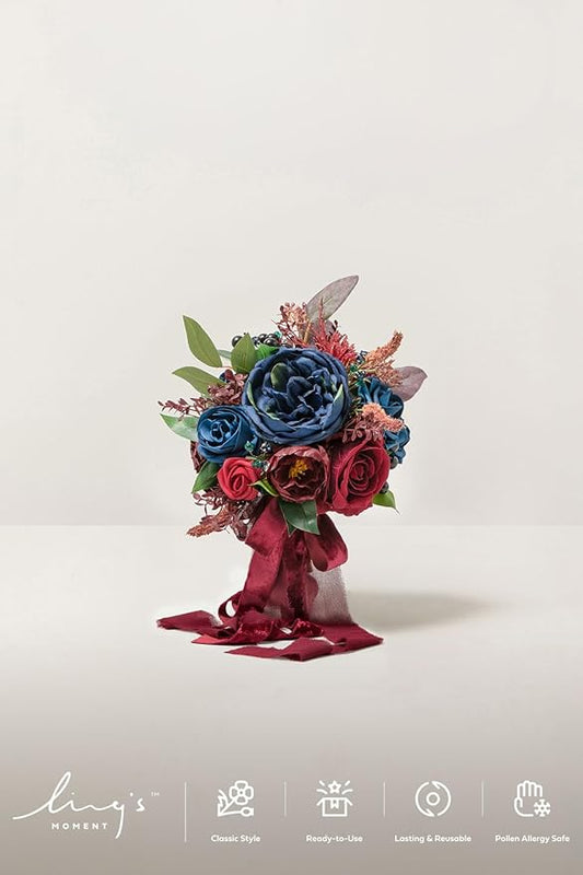 Ling's moment Terracotta Artificial Flowers Bridesmaid Bouquet Set of 4, Burgundy & Navy Blue Wedding Flowers Bouquets for Bridesmaids, 7 Inch Bridal Bouquets for Bridesmaids, Wedding, Ceremony
