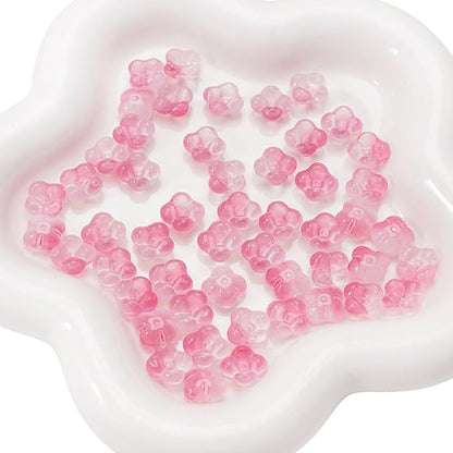100PCS Glass Flower Beads for Jewelry Making 4 Petal Flower Bead Caps Gradient Cute Floral Beads Aesthetic Charms for Necklace Bracelets Earrings DIY Craft Home Decoration-Peachpink