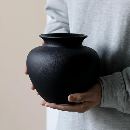 Black Ceramic Flower Vase, Decorative Jar Modern Centerpiece Table Decorations,Rustic Ceramic vases for Home Decor Dining Room,Wide Mouth Ceramic vase for Kitchen Utensils (Black, 0619)