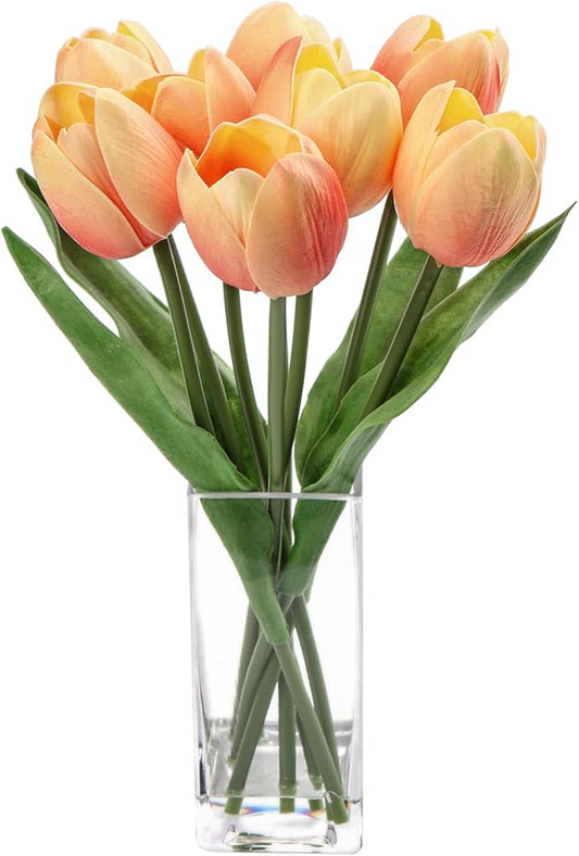 Briful Fake Flowers Artificial Tulip Flower Peach in Clear Vase, Real Touch Foam Tulip Arrangement Suitable for Home Office Decoration, Dining Table Centerpiece