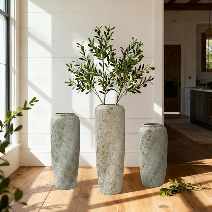 15.7 Inch Rustic Ceramic Tall Floor Vase, Slim Tapered Rustic Farmhouse Vase for Dried Stems & Pampas, Neutral Beige Decorative Vase for Living Room