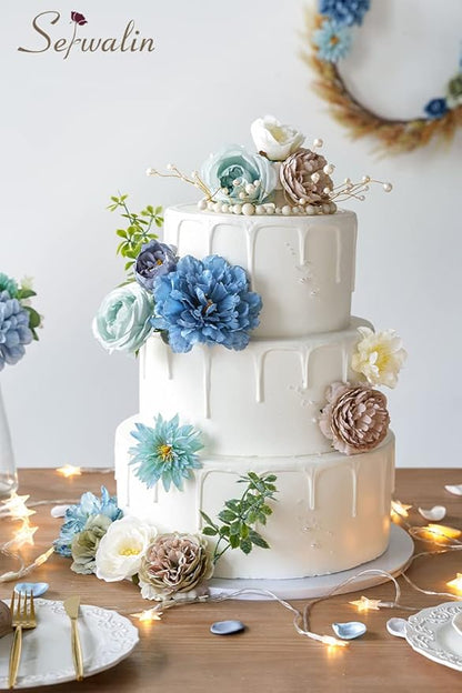 Serwalin Artificial Flowers Blue Silk Fake Flowers Cake Flowers for DIY Wedding Bouquets Bridal Shower Centerpieces Floral Arrangements Party Home Decorations