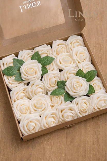 Ling's moment Artificial Flowers 50Pcs Cream Roses Decor w/Stems,3" Real Touch DIY Foam Floral for Wedding Bouquet/Centerpieces, Outdoors Party Backdrop, Room/Table, and Garden/Pot Decorations(2023)