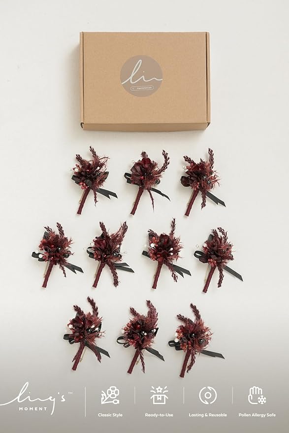 Ling's Moment Boutonniere for Men, 10pcs Groomsmen Guest Boutonniere, Artificial Flowers for Wedding Décor/Prom/Homecoming,etc.Black Gothic Burgundy