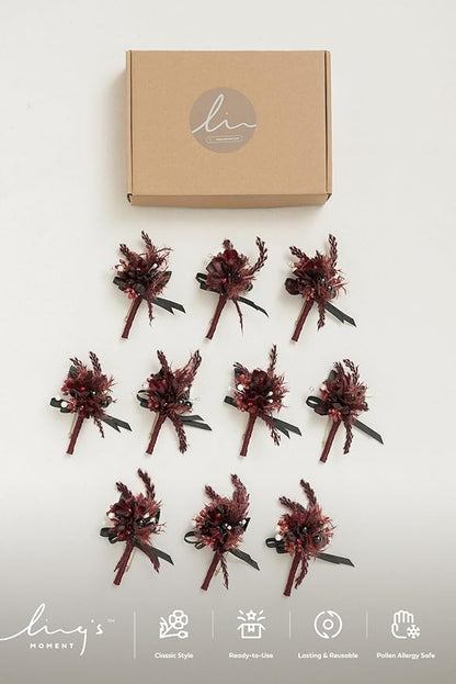 Ling's Moment Boutonniere for Men, 10pcs Groomsmen Guest Boutonniere, Artificial Flowers for Wedding Décor/Prom/Homecoming,etc.Black Gothic Burgundy