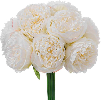 10PCS Off White Realistic Artificial Flowers Peony Fake Silk for Home Office Wedding Table Centerpieces Party Festival Bar Decoration Indoor