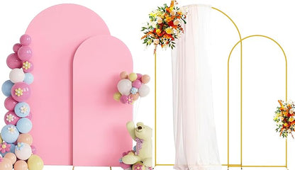 Putros Metal Arch Stand with Cover Set of 2 Pink Spandex Fitted Wedding Arch Cover and Round Top Chiara Backdrop Stand for Birthday Party Baby Shower Decoration 7.2FT, 6FT