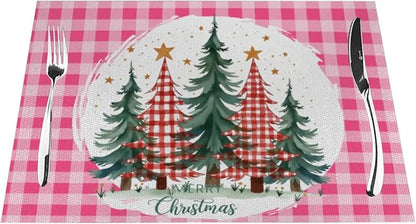 PVC Placemats Set of 6 Wipeable Table Mats Washable Heat Resistant Non Slip Vinyl Dining Table Mat for Kitchen Indoor Outdoor Patio Farmhouse Place Mats Pink Grid Christmas Tree Decorative