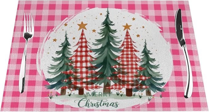 PVC Placemats Set of 1 Wipeable Table Mats Washable Heat Resistant Non Slip Vinyl Dining Table Mat for Kitchen Indoor Outdoor Patio Farmhouse Place Mats Pink Grid Christmas Tree Decorative