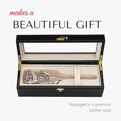 Forever Rose Real Rose Dipped in Platinum, Handcrafted Preserved Rose in Luxury Leather Display Case with LED Light, Romantic Gift for Her, Elegant Keepsake for Anniversary, Birthday, or Any Occasion