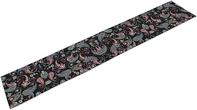 Bohemian Table Runner, Black Blue Pink Paisley Floral Boho Decor Table Runner for Kitchen Dining Home Party, 13x120 Inch