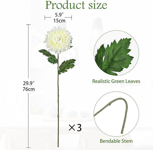 Hollyone 3Pcs Fake Mums Flowers White Artificial Chrysanthemum Flowers Silk Long Stem Floral Arrangements Bouquets Faux Spider Mum Flower Pincushion Flower Bush Spring Home Decor