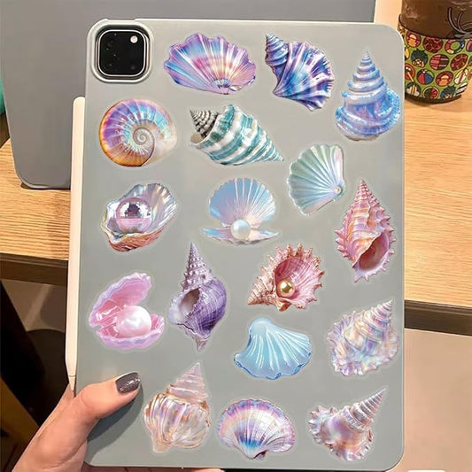50 Pcs Sea Shell Stickers Waterproof, Transparent PET Aesthetic Stickers, Nautical Clam Shell Pearl Decals for DIY Crafts, Journals, Planners, Laptop & Water Bottle Decor