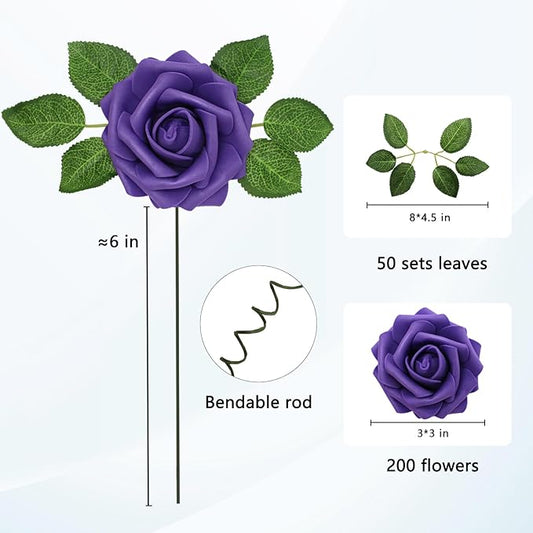 JOYLEX Artificial Flowers Realistic Roses, Real Looking Fake Roses with Stem for DIY Wedding Bouquets Centerpieces Bridal Shower Party Home Romantic Decorations (Dark Purple, Regular 3" - 200pcs)