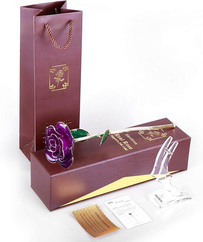 Sinvitron Gold Dipped Infinity Rose Forever Flower Decor, Resin Preserved Real Rose Birthday Gift for Women, Anniversary Present for Mom (Purple)