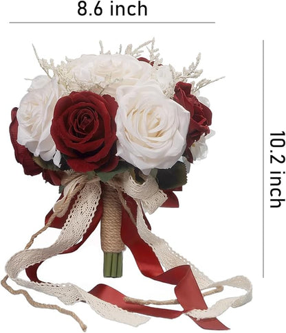 Wedding Bouquets for Bride, Champagne White & Burgundy Bridal Bridesmaid Wedding Flowers, Artificial Toss Rose for Civil Ceremony (Jute Rope Handle)