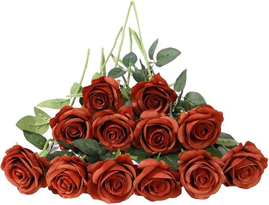 Laelfe 12 PCS Artificial Flowers Roses Silk Flowers Fake Long Stem Artificial Roses for Home Wedding Bathroom Kitchen Decorations(Brown Orange)