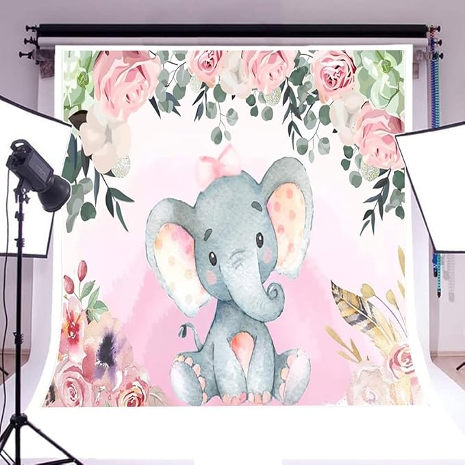 AOFOTO 8x8ft Pink Flowers Elephant Baby Shower Backdrop for Girl Sweet Floral Gender Reveal Background for Photography Kids Infant Birthday Party Banner Cake Table Decoration Photo Studio Props Vinyl