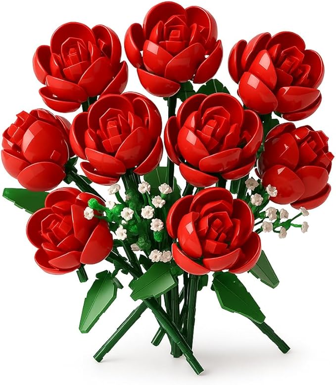 780 PCS Red Rose Building Flower Bouquet Kit for Adults & Kids, DIY Artificial Flowers Set for Home Decor, Desk Display, Gifts for Women, Girls (Red Rose)