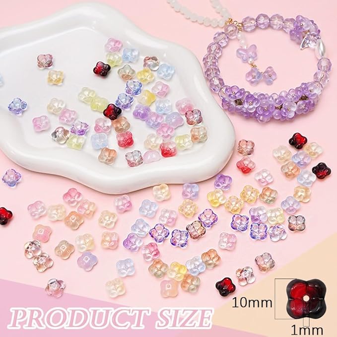 100PCS Glass Flower Beads for Jewelry Making 4 Petal Flower Bead Caps Gradient Cute Floral Beads Aesthetic Charms for Necklace Bracelets Earrings DIY Craft Home Decoration-Pink Yellow
