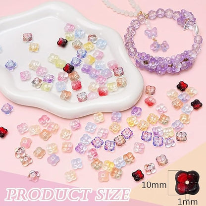100PCS Glass Flower Beads for Jewelry Making 4 Petal Flower Bead Caps Gradient Cute Floral Beads Aesthetic Charms for Necklace Bracelets Earrings DIY Craft Home Decoration-Pink Blue