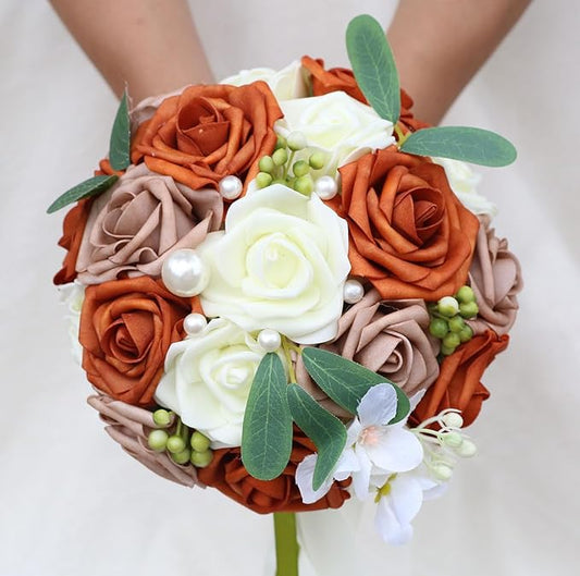 Lightweight Bridal Wedding Bouquet Round Holding Bouquet Throw Toss Artificial Rose Flower Bunch for Bride Bridesmaid Wedding Quinceanera (Cream, Coral & Rosy Brown, 9.1")