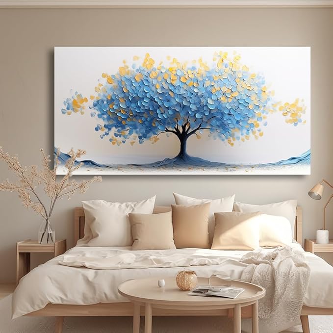 LAVIKARS Modern Tree of Life Wall Art for Living Room Office Navy Blue and Yellow Floral Abstract Landscape Canvas Painting Prints Large Nature Artwork Home Kitchen Bedroom Decor (20x40 Inches)
