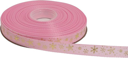 Gold Printing Snowflake Grosgrain Ribbon 25 Yard Each Roll 100% Polyester Woven Edge (3/8", Pink)