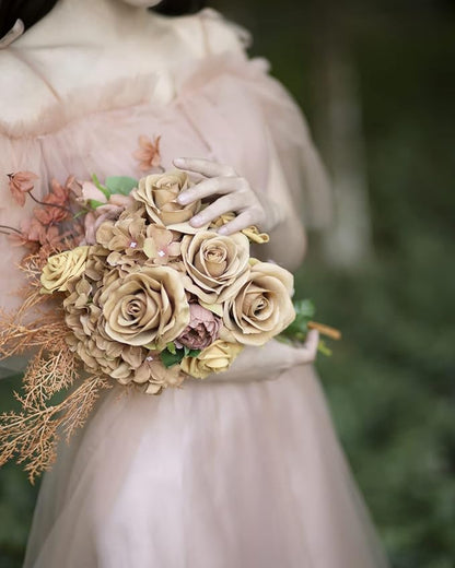 LFF 10pcs Silk Roses Artificial Flowers Fake Long Stem Roses for DIY Wedding Bouquet Home Decoration (Coffee)