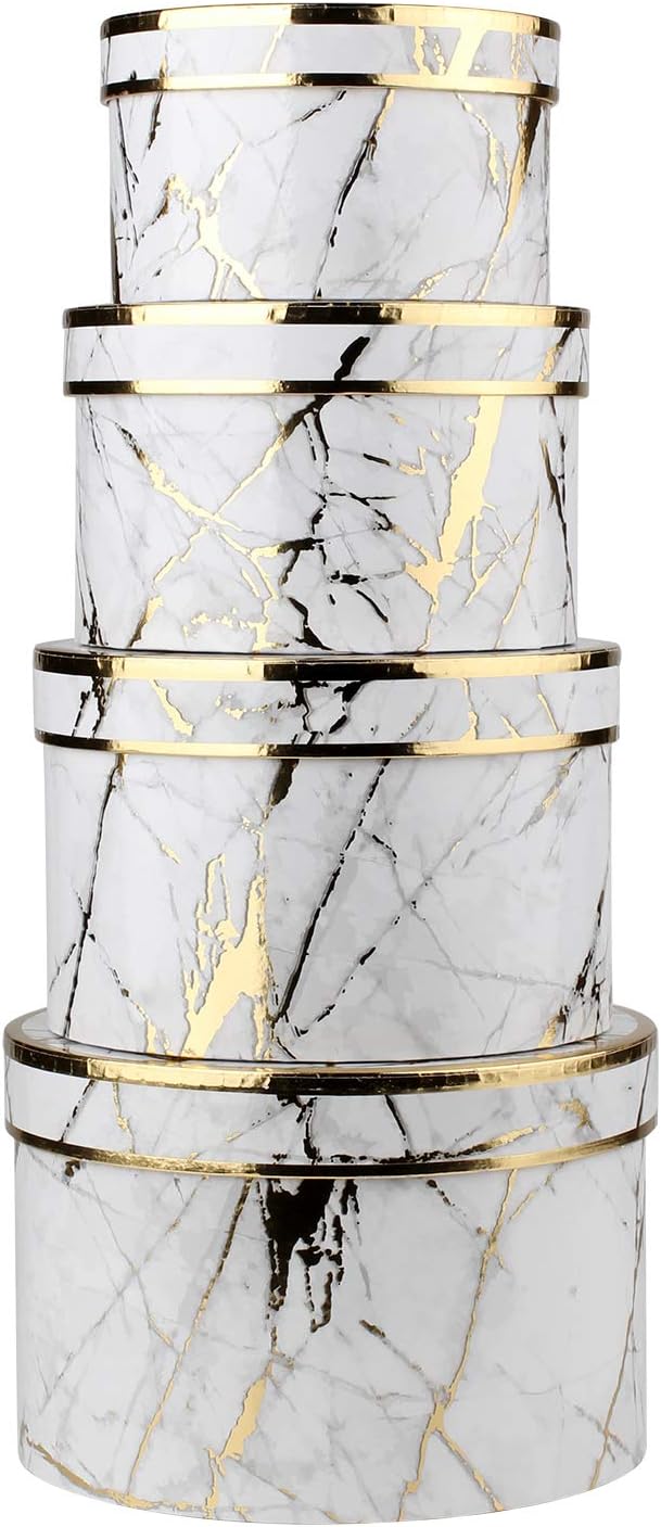 Briful Round Gift Boxes with Lids Set of 4 Marble White Gift Box Assorted Sizes Nesting Gift Boxes for Presents Birthday Bridesmaid Wedding Valentines Christmas Party Favor Boxes