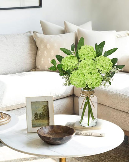 Hollyone Green Hydrangea Artificial Flowers in Clear Glass Vase with Faux Water Silk Hydrangeas Fake Flowers Floral Arrangement for Home Bathroom Kitchen Office Table Centerpiece Shelf Decorations