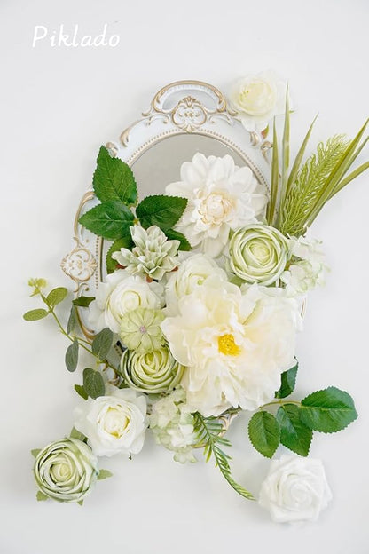 Artificial Flower Combination Box Set Artificial Flower Loose Leaves and Stems DIY Wedding Center Bouquet Bride Wedding Baby Shower（White）