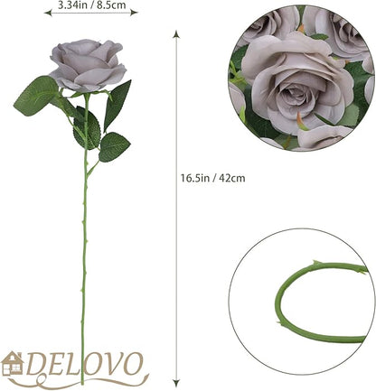 52pcs Grey Roses Artificial Flowers Fake Flowers Silk Roses with Stems for DIY Wedding Bouquets Bridal Shower Centerpieces Arrangements Party Decorations