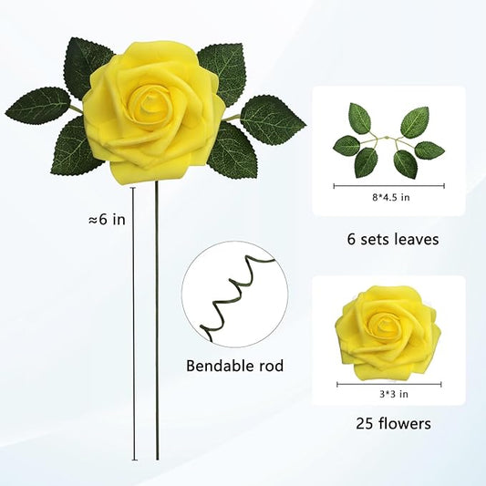 JOYLEX Artificial Flowers Realistic Roses, 25pcs Real Looking Fake Roses with Stem for DIY Wedding Bouquets Centerpieces Bridal Shower Party Home Romantic Decorations (Yellow)