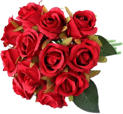 12pcs Artificial Roses Single Stem Fake Silk Flower Arrangement Bridal Bouquet Real Touch for Home Party Wedding Decoration Without Vase (Red)