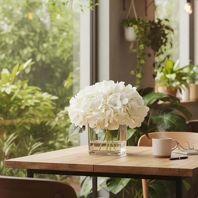 Silk Hydrangea Artificial Flowers in Vase with Faux Water, Silk Flower Arrangements in Vase for Wedding, Dining Table, Living Room (Cream White)