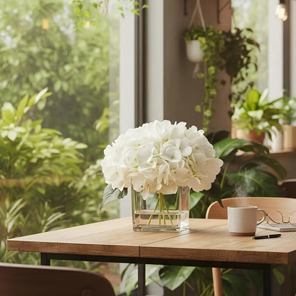 Silk Hydrangea Artificial Flowers in Vase with Faux Water, Silk Flower Arrangements in Vase for Wedding, Dining Table, Living Room (Cream White)
