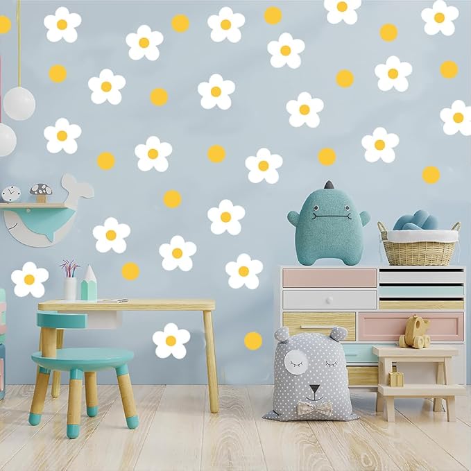 Daisy Flowers Wall Stickers – 180 Pcs Peel & Stick Removable Waterproof Vinyl Floral Wall Art Decals for Bedroom, Nursery & Living Room | A Simple Peel Creates a Breezy Spring Retreat (White)