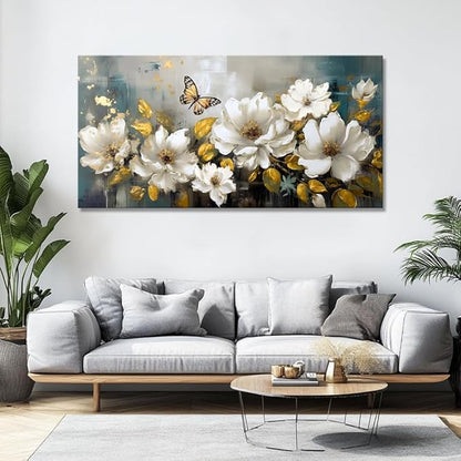vgrozirh Wall Art Modern Flower Artwork Paintings White Blossom Gold Leaf Butterfly Landscape Picture wall Decor for Living Room Bedroom Kitchen 71"x36"