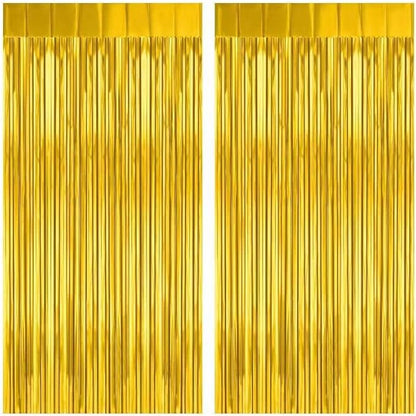 2 Pack Gold Fringe Curtain Backdrop, 3.2Ft x 8.2Ft Metallic Photo Booth Backdrop Tinsel Door Curtains for Birthday Baby Shower Anniversary Christmas New Year Eve Bachelorette Party Decorations