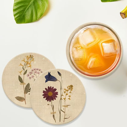 ANATTASOUL Coasters Set of 9 Vintage Flowers and Plants Pattern Colorful Wooden Coasters Bulk Round Housewarming Gift for New Home, 3.9" Decorative Coffee Table Protection for Farmhouse Bar Decor